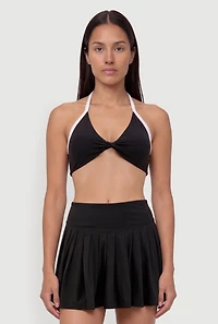 Twist Front Contrast Trim Halter Crop Top