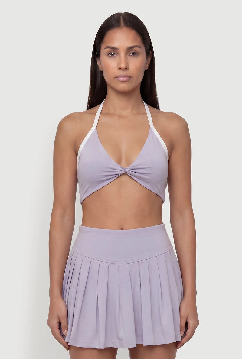 Twist Front Contrast Trim Halter Crop Top