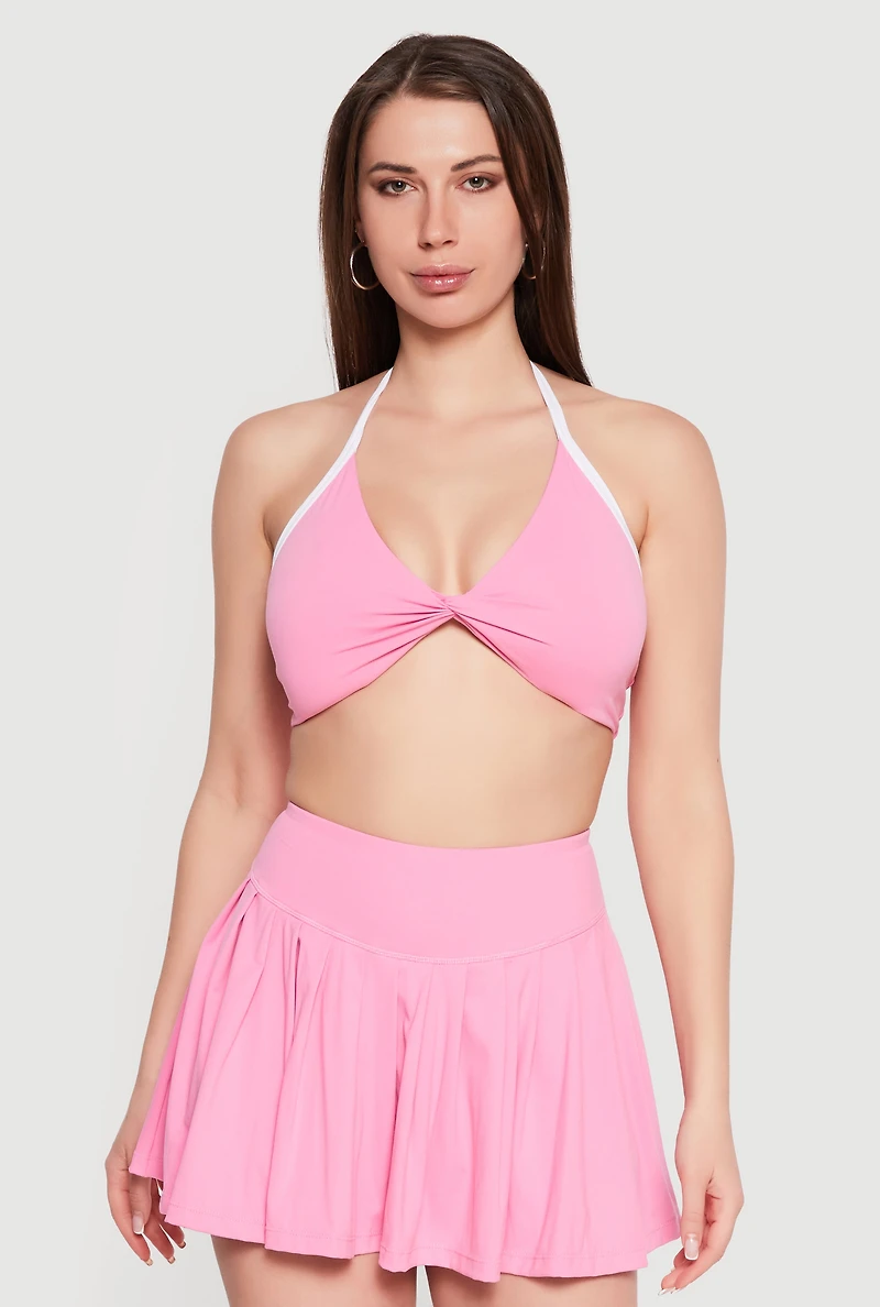 Twist Front Contrast Trim Halter Crop Top