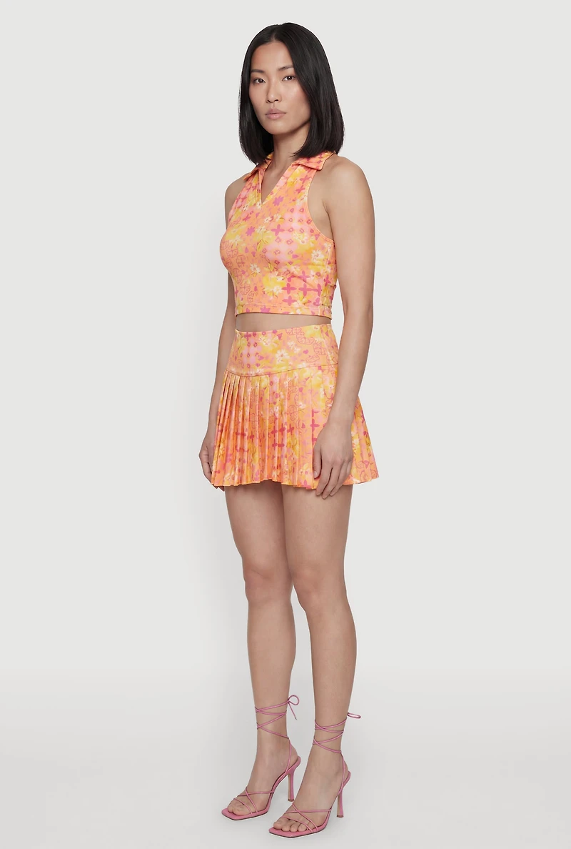 Patterned Sleeveless Collared Crop Top