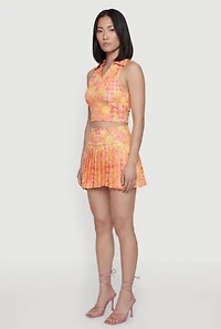 Patterned Sleeveless Collared Crop Top