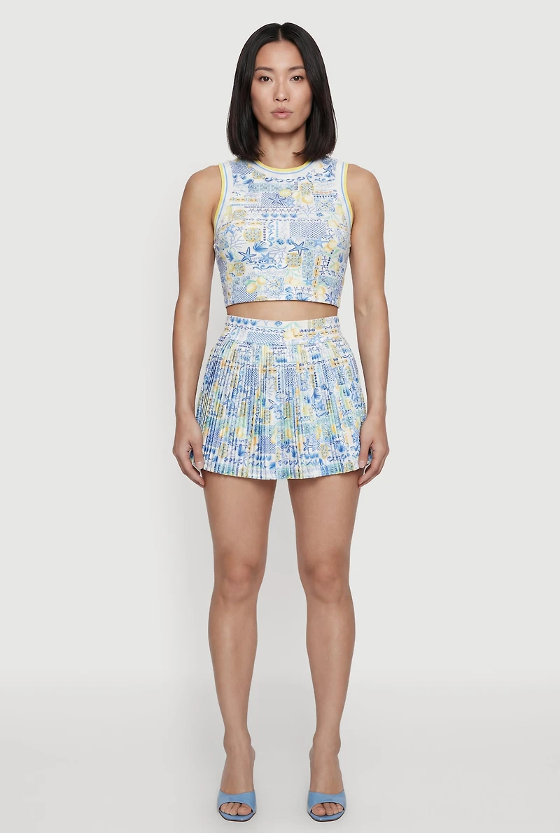 Patterned High Waisted Pleated Tennis Skort