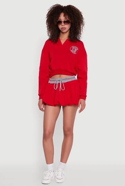 Womens Drawstring Waist Color Blocked Bubble Hem Skirt, Red, Size L