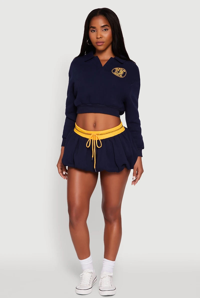Womens Drawstring Waist Color Blocked Bubble Hem Skirt,