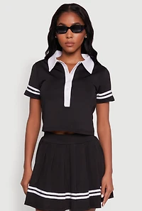 Contrast Trim and Varsity Stripe Cropped Shirt