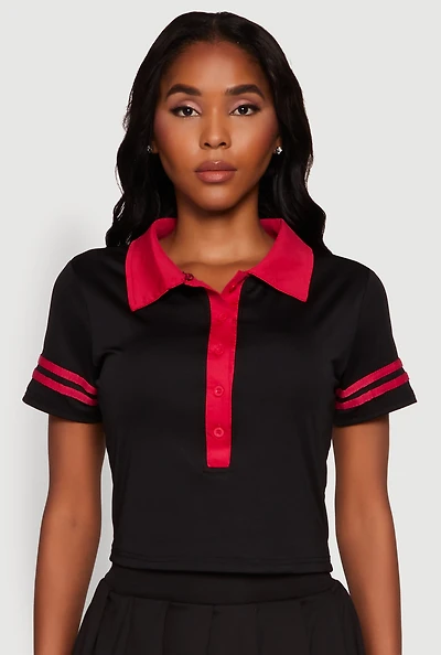 Womens Contrast Trim and Varsity Stripe Cropped Shirt,