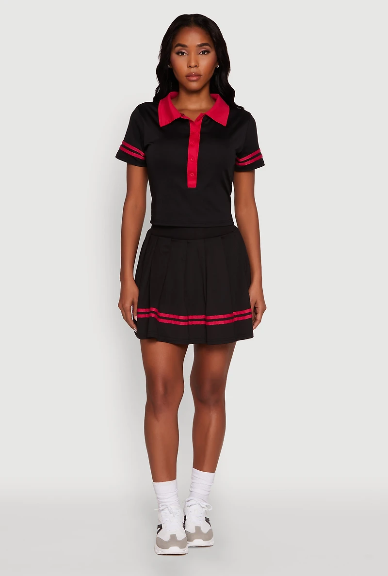 Womens Contrast Trim and Varsity Stripe Cropped Shirt, Black, Size S
