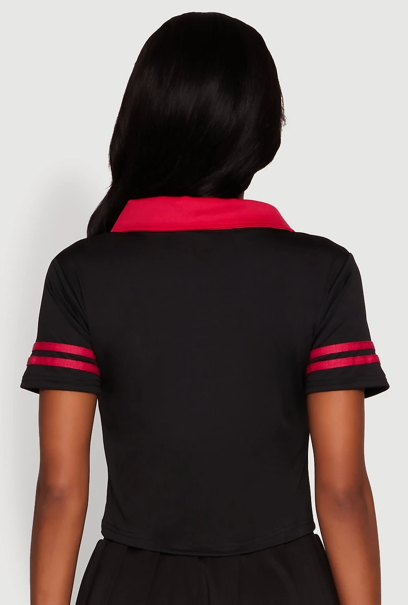 Womens Contrast Trim and Varsity Stripe Cropped Shirt, Black, Size S