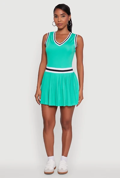 Womens Stylish Pleated Varsity Stripe Skater Dress,