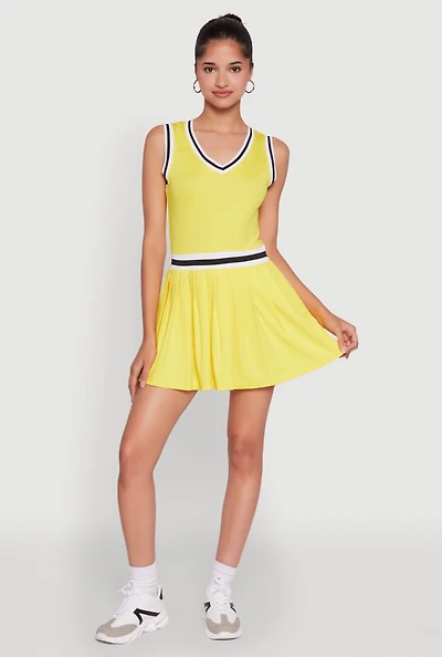 Womens Stylish Pleated Varsity Stripe Skater Dress, Yellow, Size M