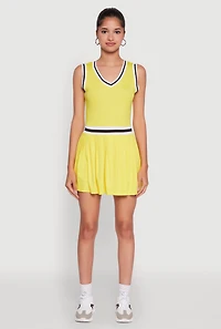 Womens Stylish Pleated Varsity Stripe Skater Dress, Yellow, Size M