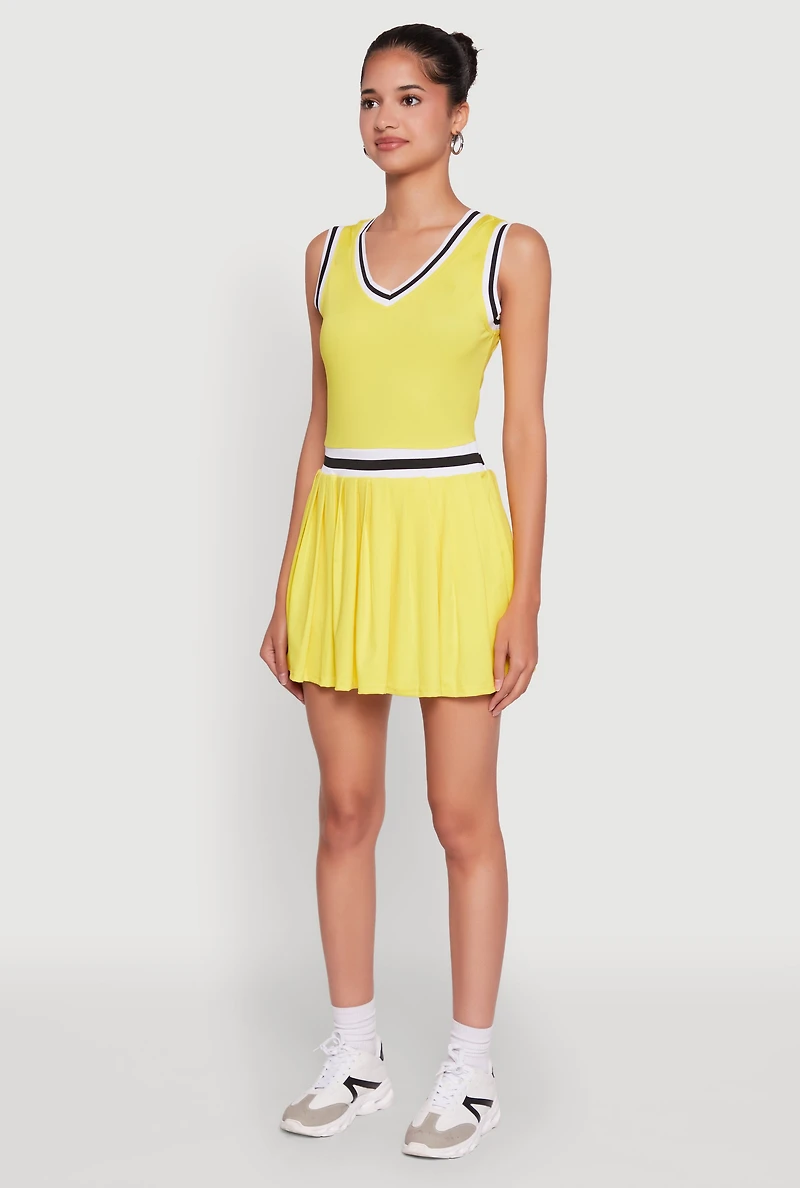 Womens Stylish Pleated Varsity Stripe Skater Dress, Yellow, Size M