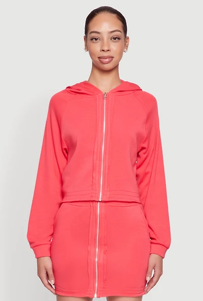 Womens Fleece Lined Rib Knit Zip Front Sweatshirt, Pink,