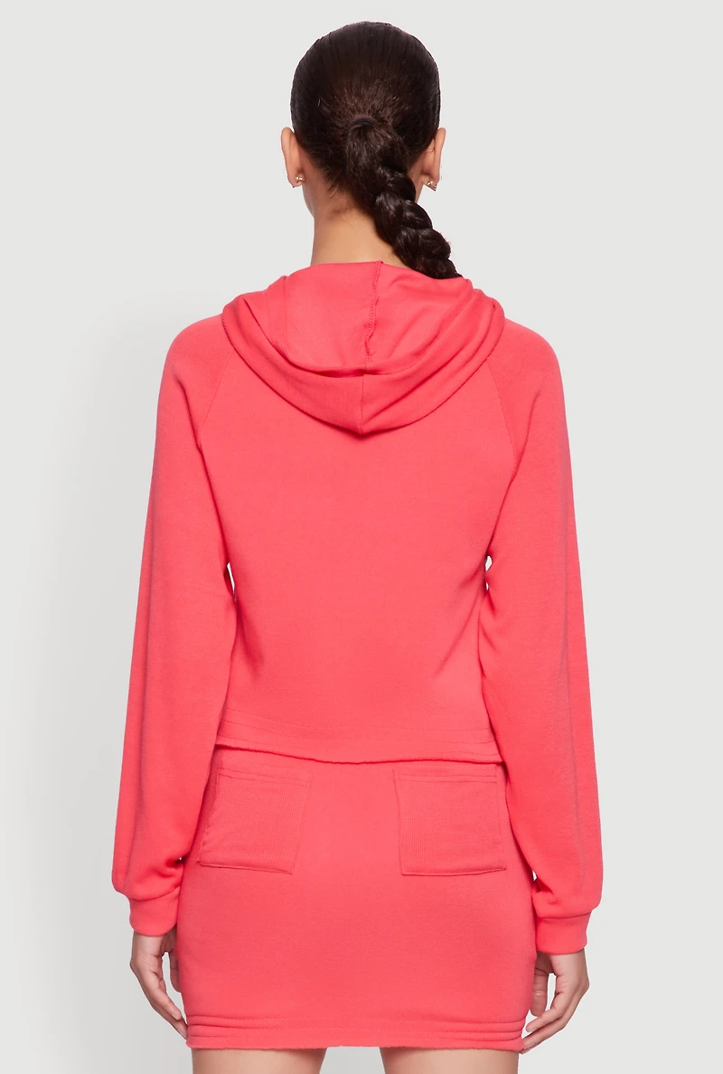 Womens Fleece Lined Rib Knit Zip Front Sweatshirt, Pink,