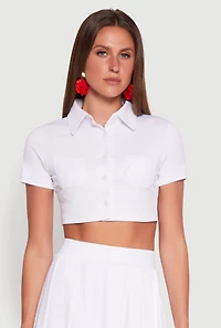 Short Sleeve Button Front Cropped Shirt