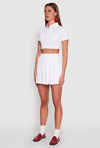 Womens Short Sleeve Button Front Cropped Shirt, White, Size L