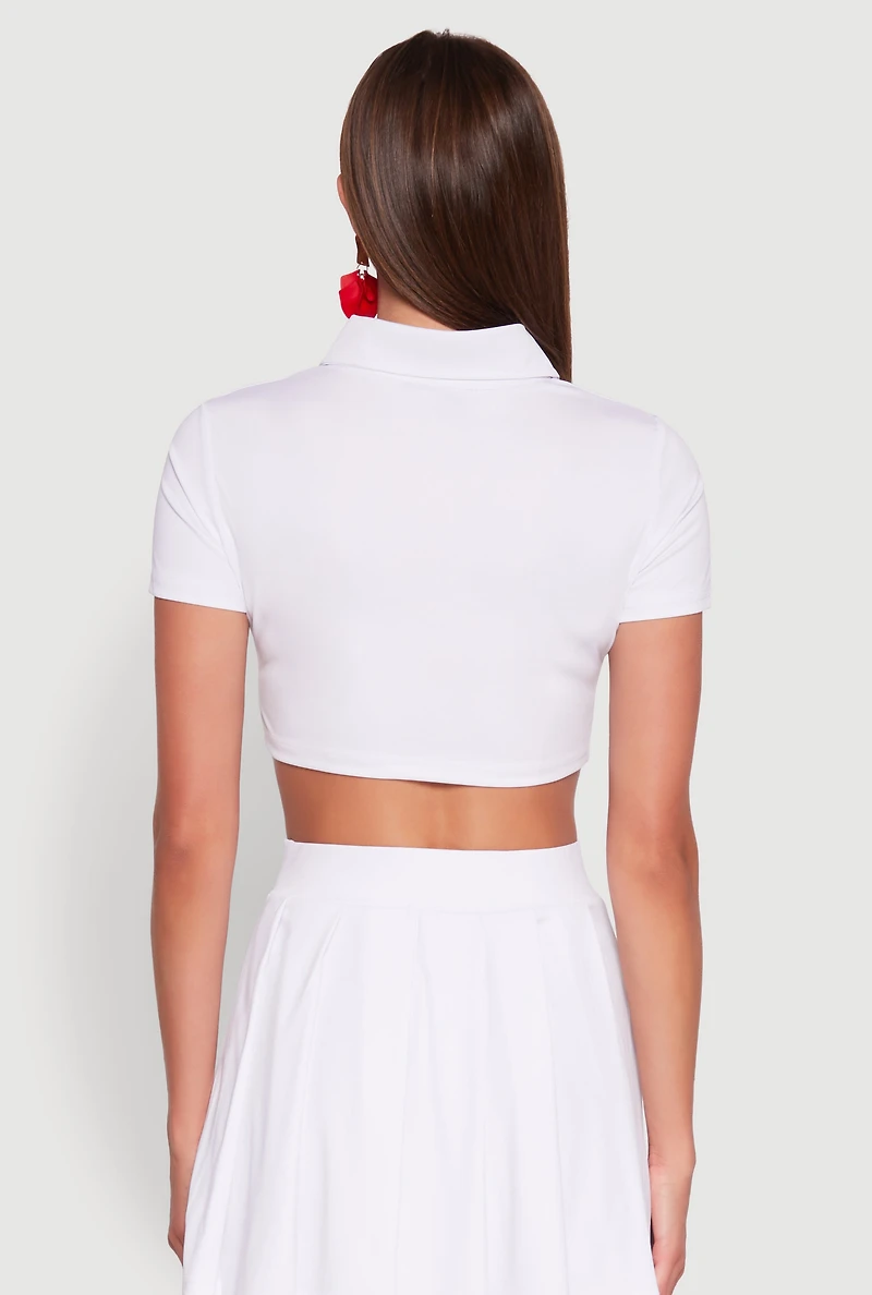 Womens Short Sleeve Button Front Cropped Shirt, White, Size L