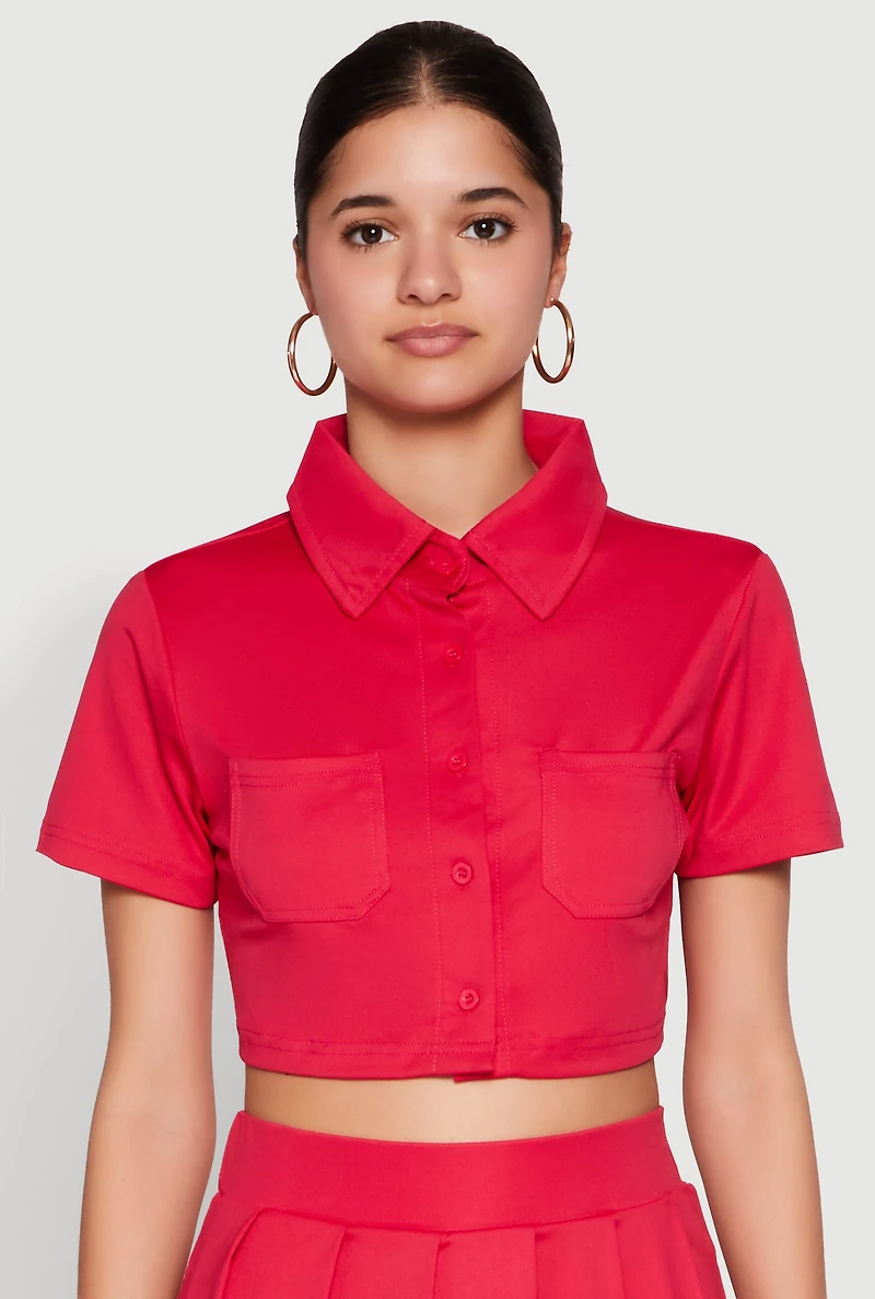 Womens Short Sleeve Button Front Cropped Shirt, Red, Size M