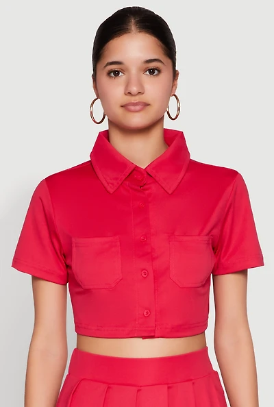 Womens Short Sleeve Button Front Cropped Shirt, Red, Size L