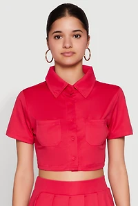 Womens Short Sleeve Button Front Cropped Shirt, Red, Size L