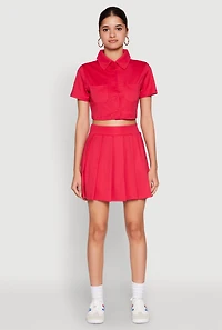 Womens Short Sleeve Button Front Cropped Shirt, Red, Size L