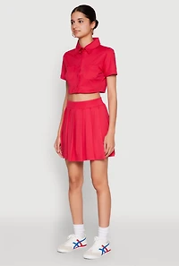 Womens Short Sleeve Button Front Cropped Shirt, Red, Size L