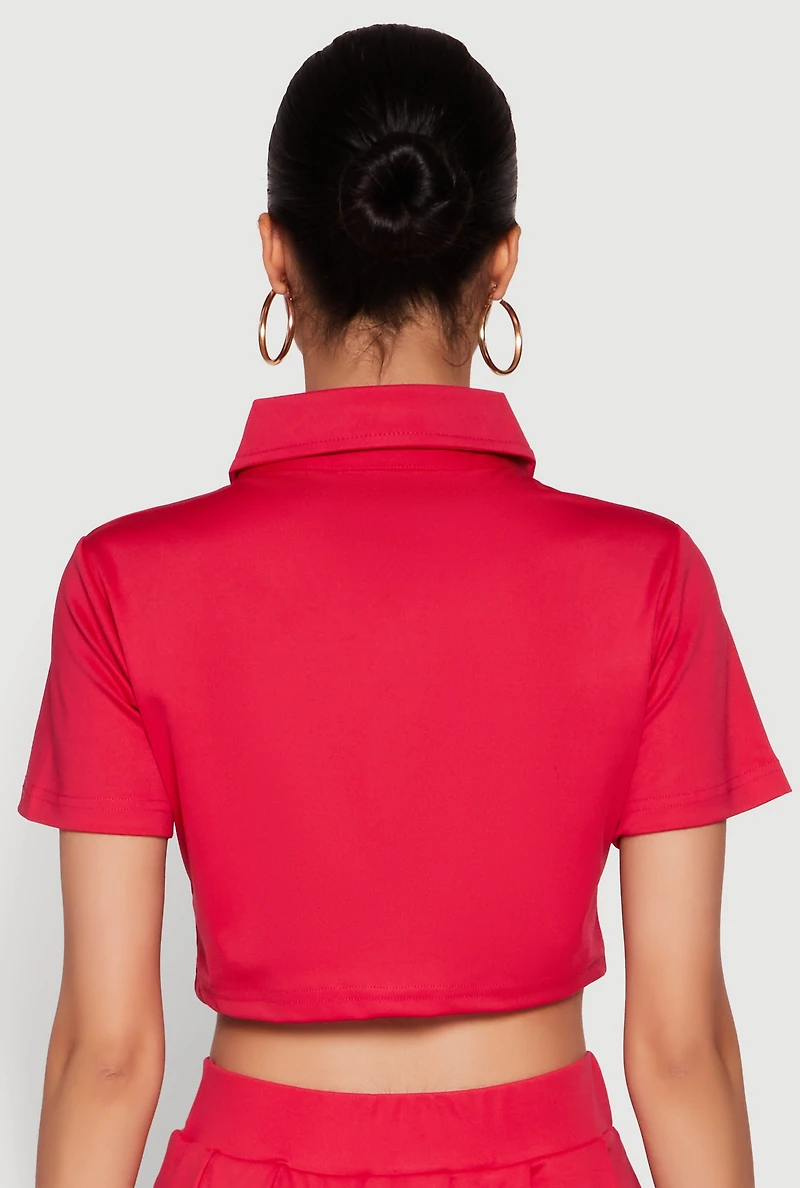 Womens Short Sleeve Button Front Cropped Shirt, Red, Size M