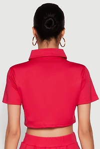 Womens Short Sleeve Button Front Cropped Shirt, Red, Size M