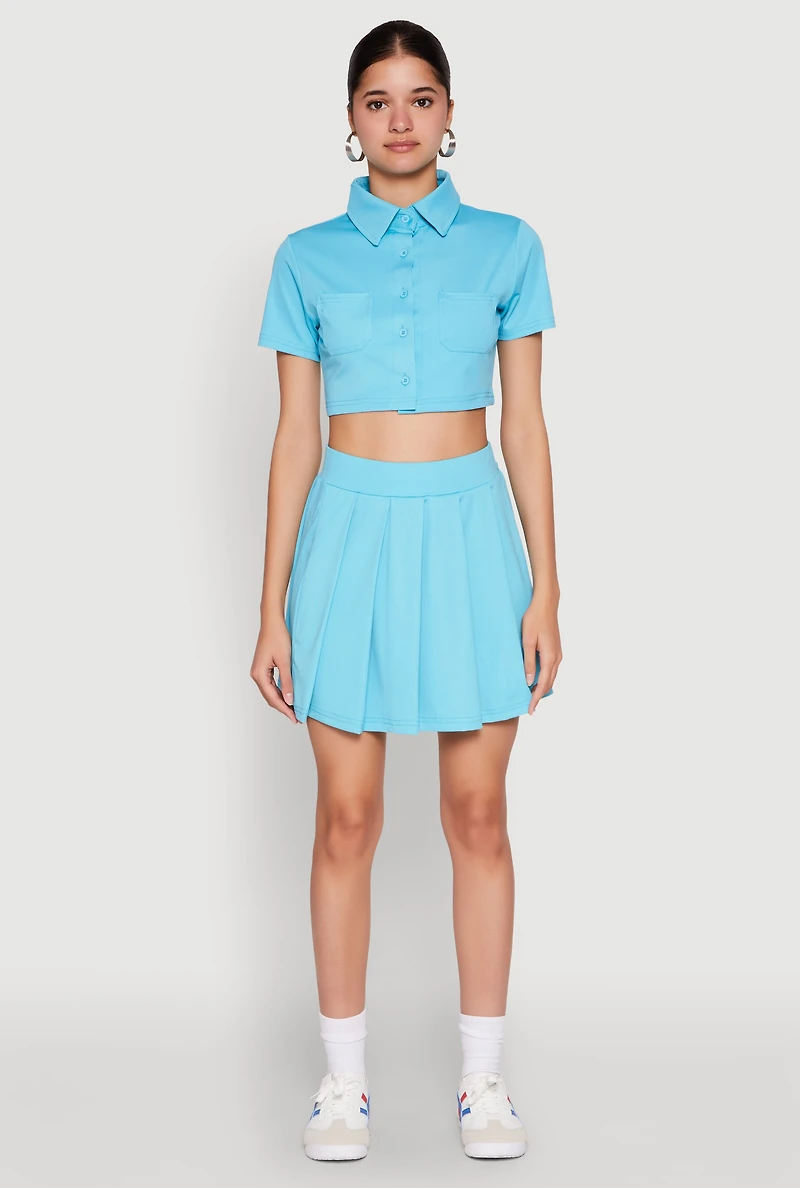 Womens Short Sleeve Button Front Cropped Shirt,
