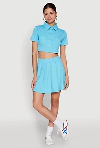 Womens Short Sleeve Button Front Cropped Shirt, Blue,