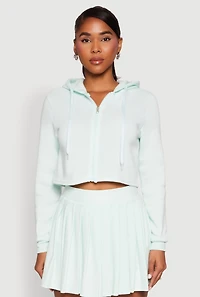 Womens Zip Front Cropped Hoodie, Green, Size S