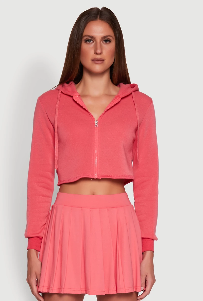 Womens Zip Front Cropped Hoodie, Pink, Size S