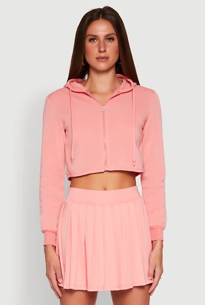 Womens Zip Front Cropped Hoodie, Pink, Size M