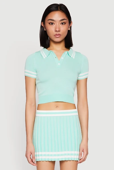 Womens Varsity Stripe Detail Cropped Polo Shirt, Green,