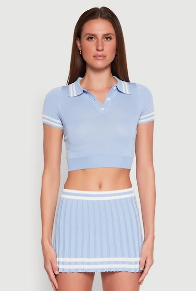 Womens Varsity Stripe Detail Cropped Polo Shirt, Blue, Size XL