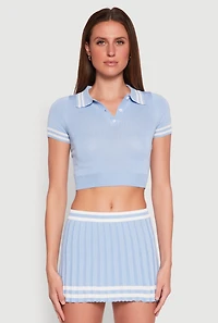 Womens Varsity Stripe Detail Cropped Polo Shirt, Blue, Size XL