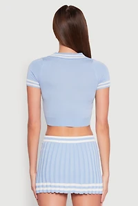 Womens Varsity Stripe Detail Cropped Polo Shirt, Blue, Size XL