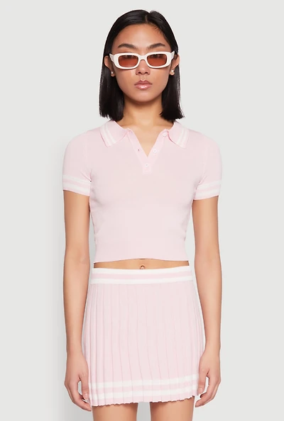 Womens Varsity Stripe Detail Cropped Polo Shirt,