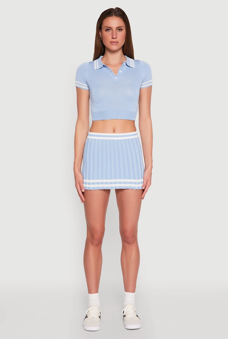 Womens Varsity Stripe Detail Mini Pleated Skirt, Blue, Size XL