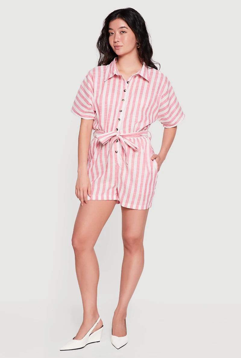 Striped Tie Waist Belted Button Front Romper