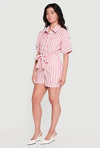 Striped Tie Waist Belted Button Front Romper