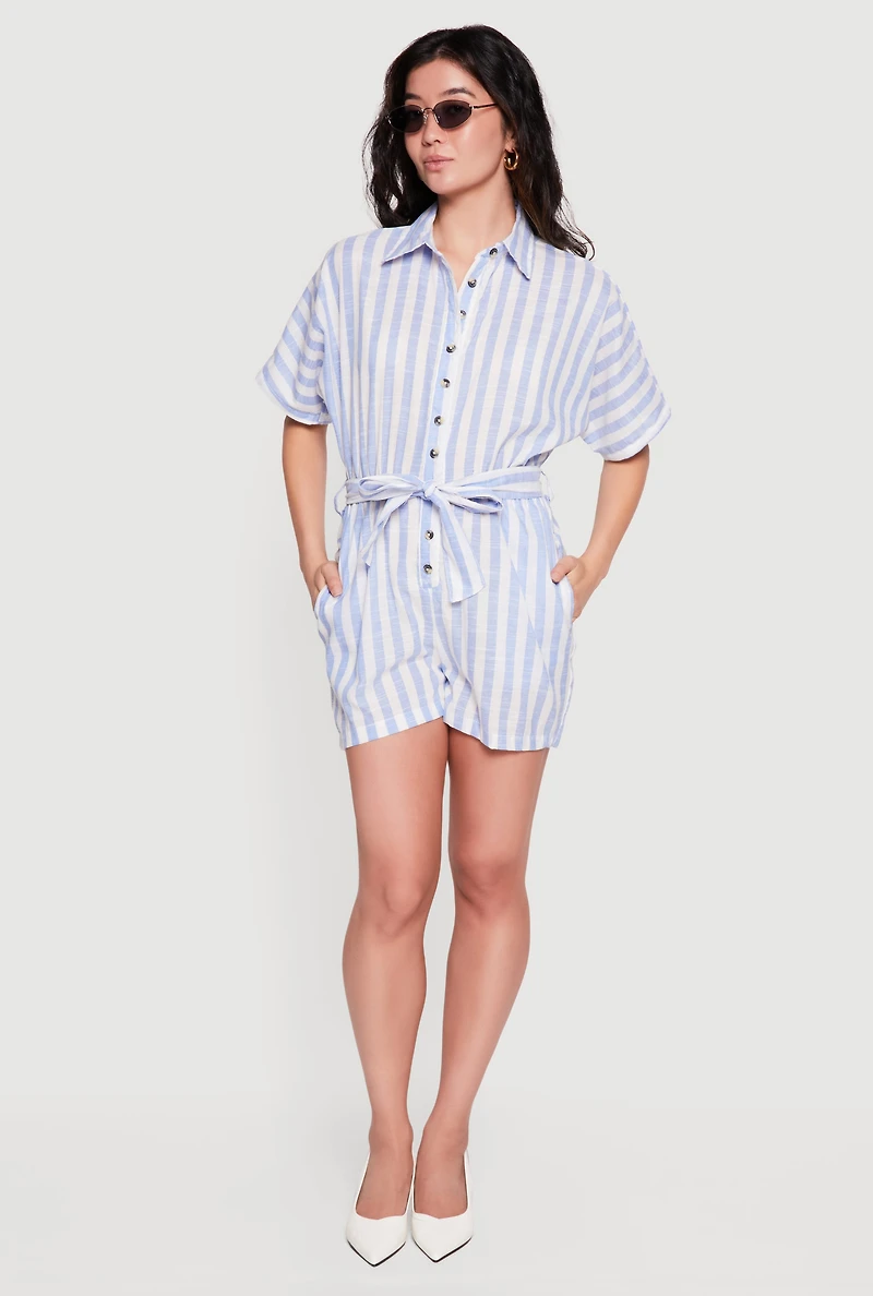 Striped Tie Waist Belted Button Front Romper