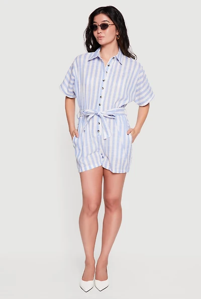 Striped Tie Waist Belted Button Front Romper