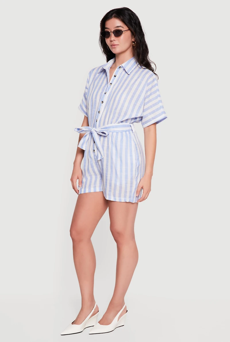 Striped Tie Waist Belted Button Front Romper