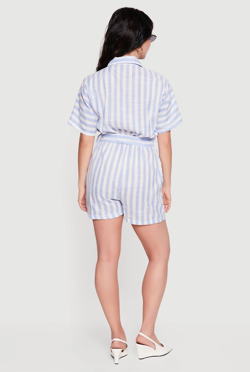 Striped Tie Waist Belted Button Front Romper