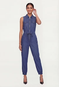 Sleeveless Zip Front Denim Jumpsuit with Cargo Pockets