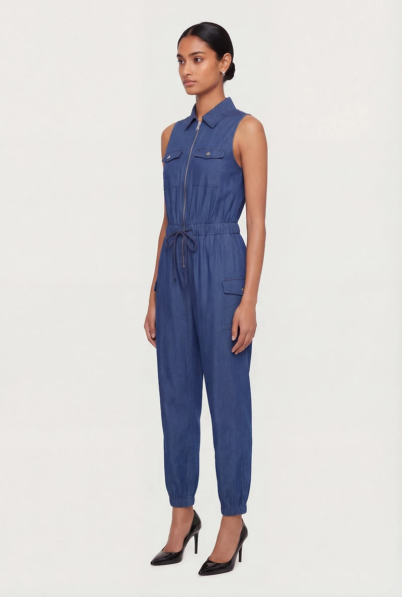 Sleeveless Zip Front Denim Jumpsuit with Cargo Pockets