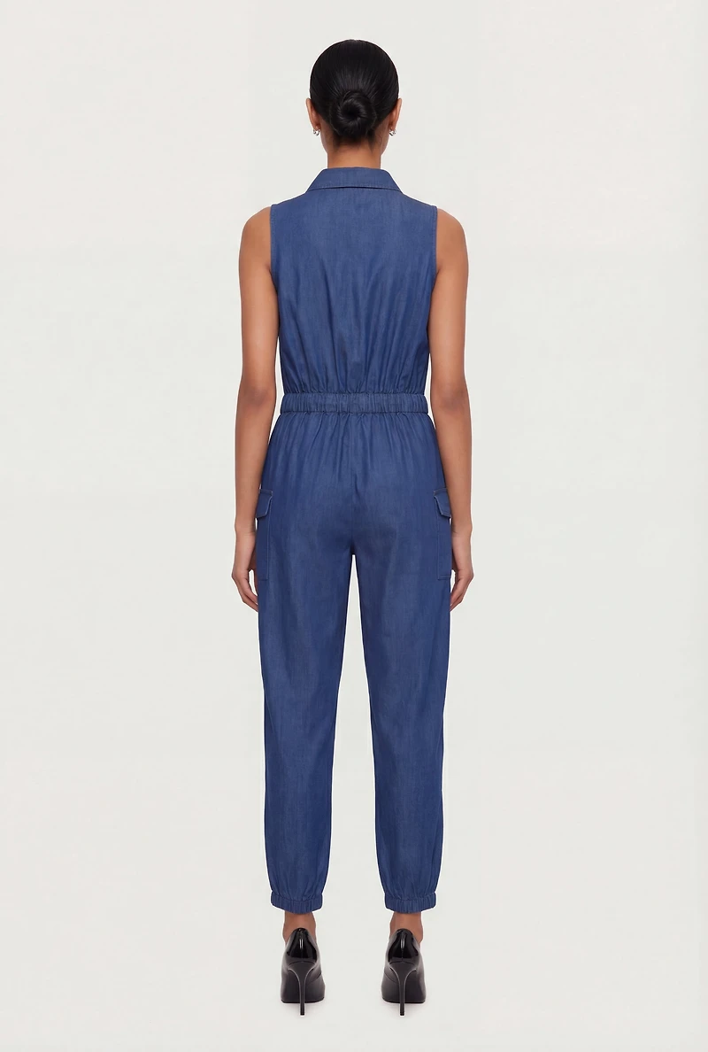 Sleeveless Zip Front Denim Jumpsuit with Cargo Pockets