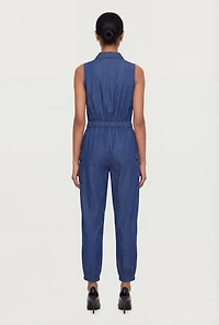 Sleeveless Zip Front Denim Jumpsuit with Cargo Pockets