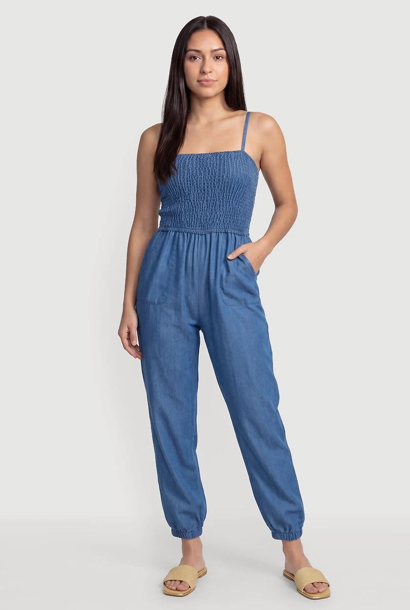Smocked Detail Square Neck Denim Jumpsuit